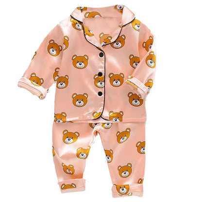 Home Wear Long Sleeve Baby Suit Kids Clothes Toddler Boys Girls Ice Silk Satin Cartoon Little Bear Tops Pants Set for Children'S