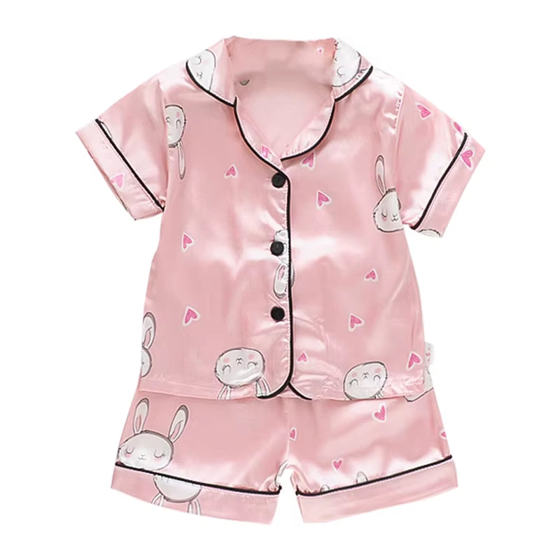 Home Wear Long Sleeve Baby Suit Kids Clothes Toddler Boys Girls Ice Silk Satin Cartoon Little Bear Tops Pants Set for Children'S