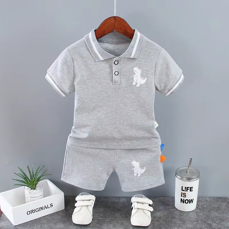 Summer Outfits for Baby Boys 9 to 12 Months Dinosaur Printed Turn-Down Collar T-Shirts Tops and Shorts 2PCS Infant Clothing Sets