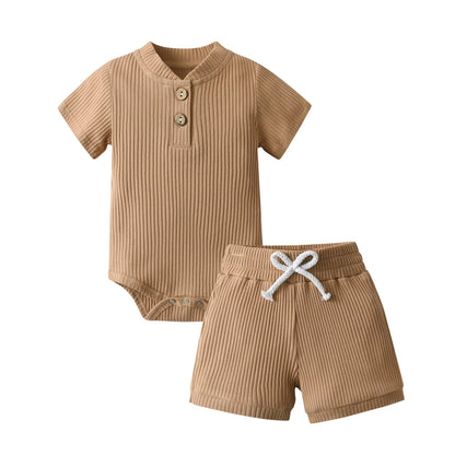 New Summer Newborn Infant Baby Boy Knitted Clothes Set Short Sleeve Romper Bodysuit Top and Shorts Casual Outfit for Boys