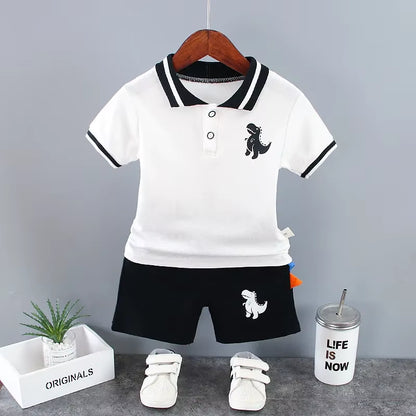 Summer Outfits for Baby Boys 9 to 12 Months Dinosaur Printed Turn-Down Collar T-Shirts Tops and Shorts 2PCS Infant Clothing Sets