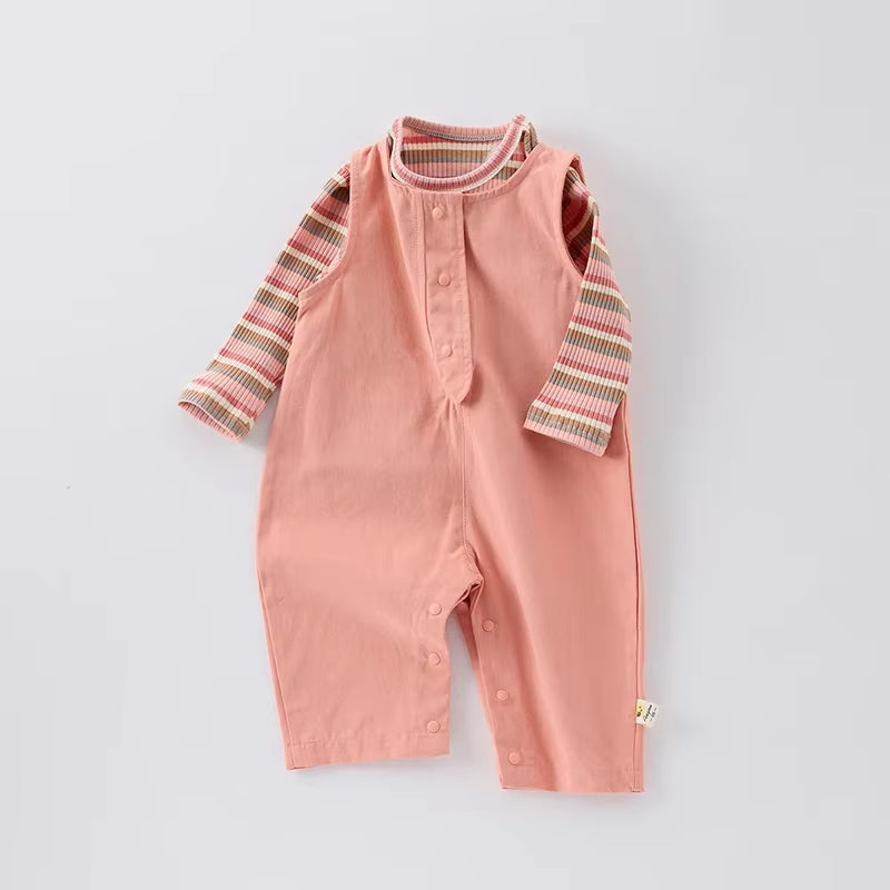 0-3Y Spring Baby Clothing Girl Baby Sleeveless Romper Solid Color Boy Infant Jumpsuit Toddler Overalls Optional Striped T-Shirt