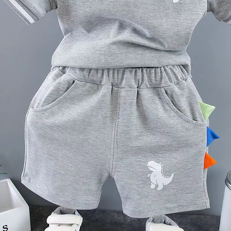 Summer Outfits for Baby Boys 9 to 12 Months Dinosaur Printed Turn-Down Collar T-Shirts Tops and Shorts 2PCS Infant Clothing Sets