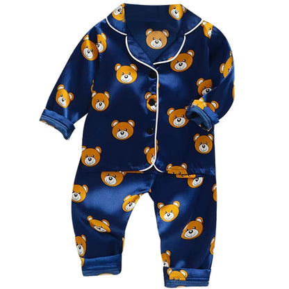 Home Wear Long Sleeve Baby Suit Kids Clothes Toddler Boys Girls Ice Silk Satin Cartoon Little Bear Tops Pants Set for Children'S