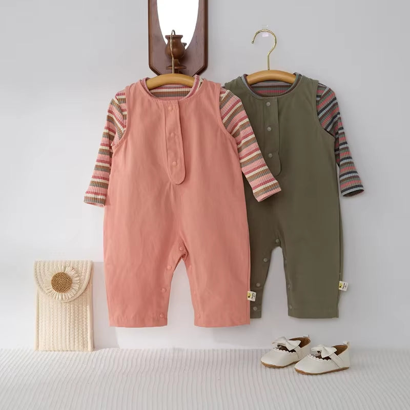 0-3Y Spring Baby Clothing Girl Baby Sleeveless Romper Solid Color Boy Infant Jumpsuit Toddler Overalls Optional Striped T-Shirt