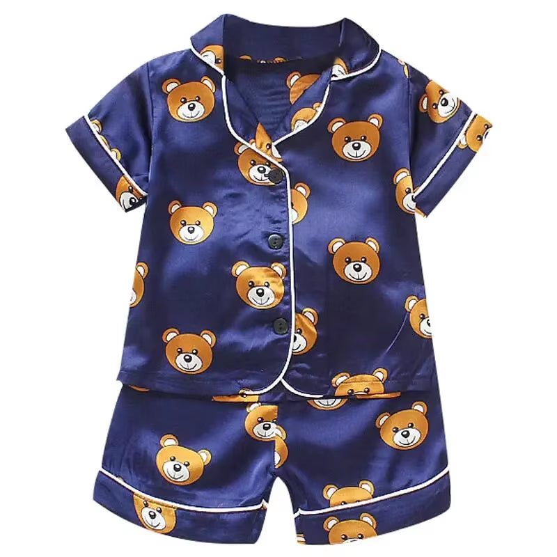 Home Wear Long Sleeve Baby Suit Kids Clothes Toddler Boys Girls Ice Silk Satin Cartoon Little Bear Tops Pants Set for Children'S