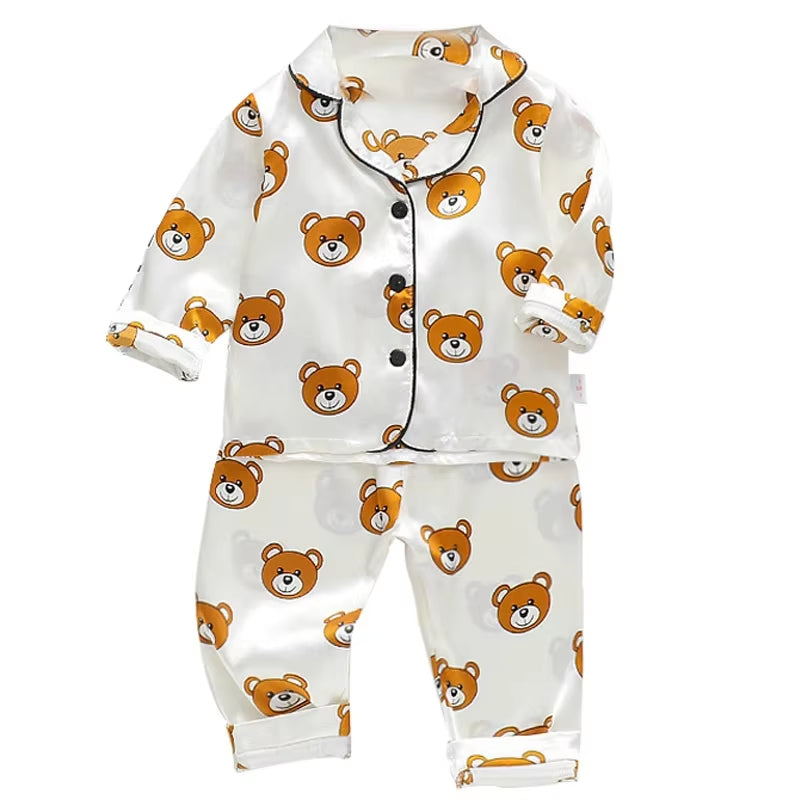 Home Wear Long Sleeve Baby Suit Kids Clothes Toddler Boys Girls Ice Silk Satin Cartoon Little Bear Tops Pants Set for Children'S