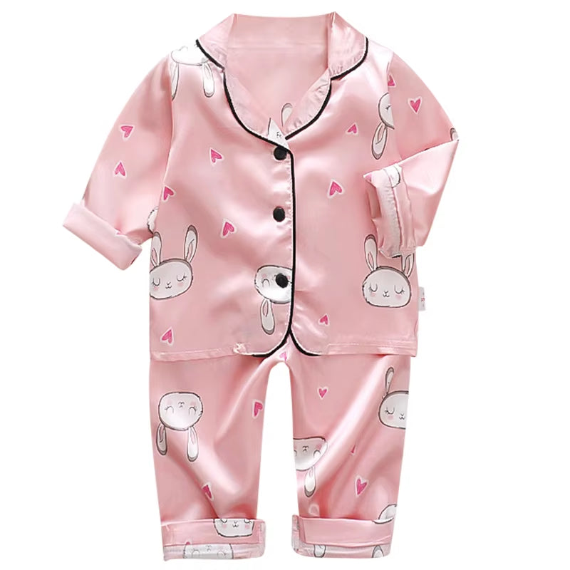 Home Wear Long Sleeve Baby Suit Kids Clothes Toddler Boys Girls Ice Silk Satin Cartoon Little Bear Tops Pants Set for Children'S