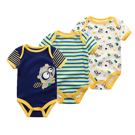 3 Pcs Newborn Cartoon Short Sleeve Baby Boy Girl Bodysuits Soft 100%Cotton Baby Onesies Unisex Baby Clothes