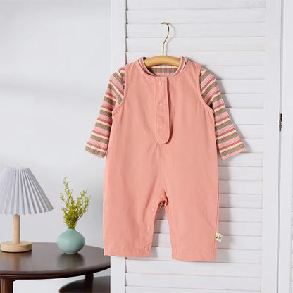 0-3Y Spring Baby Clothing Girl Baby Sleeveless Romper Solid Color Boy Infant Jumpsuit Toddler Overalls Optional Striped T-Shirt