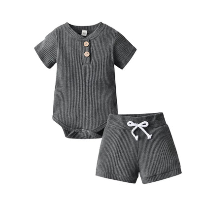 New Summer Newborn Infant Baby Boy Knitted Clothes Set Short Sleeve Romper Bodysuit Top and Shorts Casual Outfit for Boys