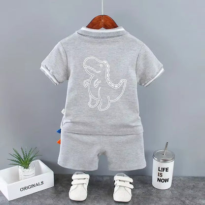 Summer Outfits for Baby Boys 9 to 12 Months Dinosaur Printed Turn-Down Collar T-Shirts Tops and Shorts 2PCS Infant Clothing Sets