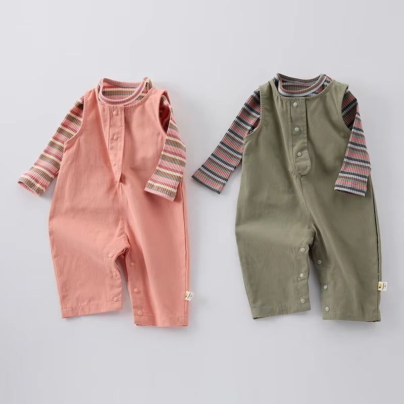 0-3Y Spring Baby Clothing Girl Baby Sleeveless Romper Solid Color Boy Infant Jumpsuit Toddler Overalls Optional Striped T-Shirt