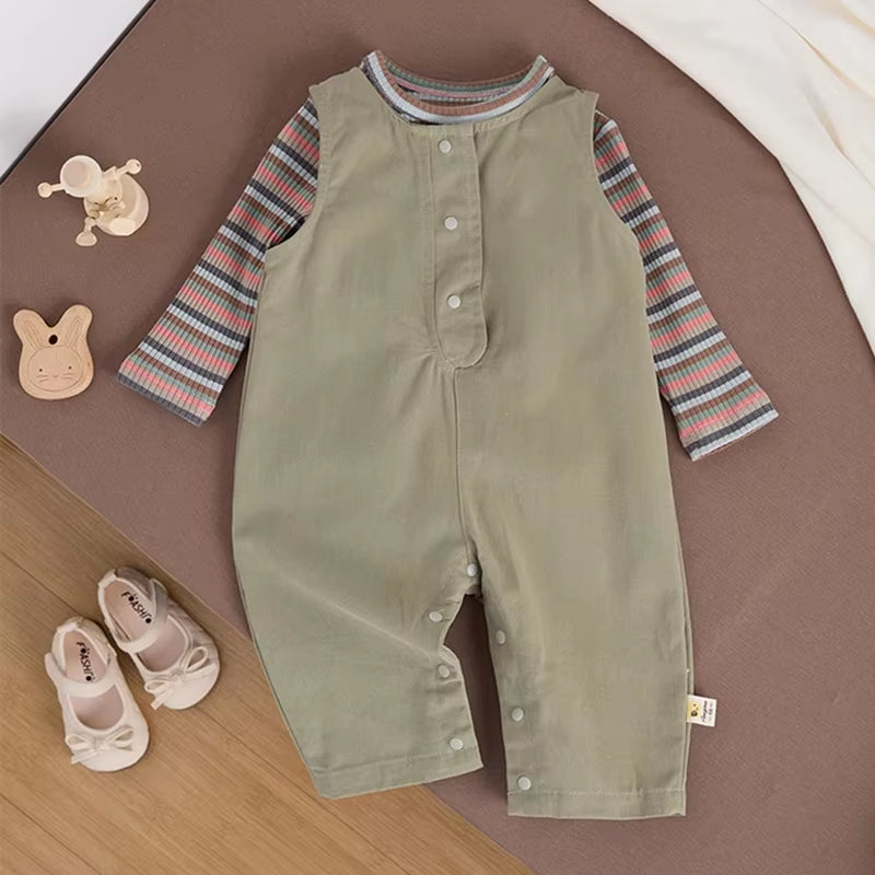 0-3Y Spring Baby Clothing Girl Baby Sleeveless Romper Solid Color Boy Infant Jumpsuit Toddler Overalls Optional Striped T-Shirt