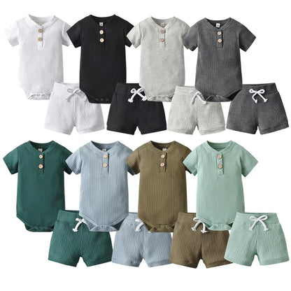 New Summer Newborn Infant Baby Boy Knitted Clothes Set Short Sleeve Romper Bodysuit Top and Shorts Casual Outfit for Boys