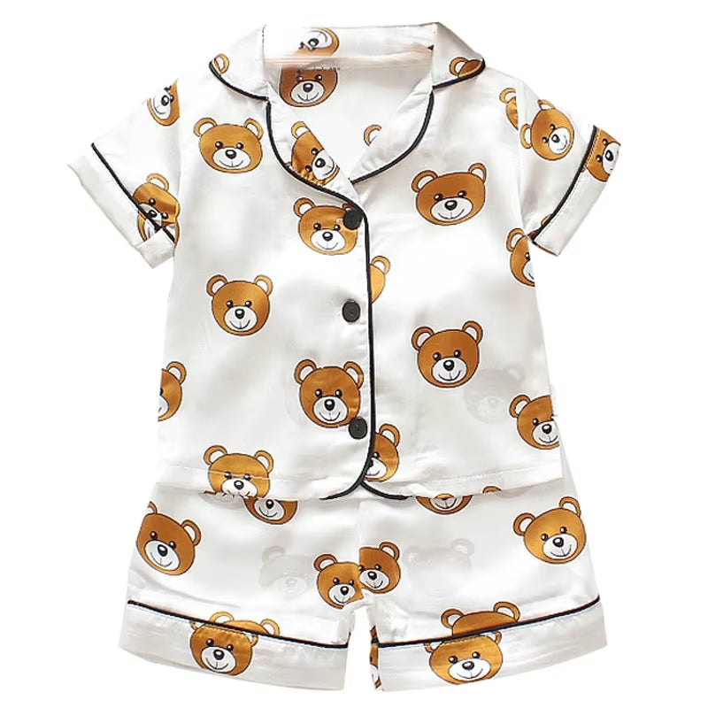 Home Wear Long Sleeve Baby Suit Kids Clothes Toddler Boys Girls Ice Silk Satin Cartoon Little Bear Tops Pants Set for Children'S