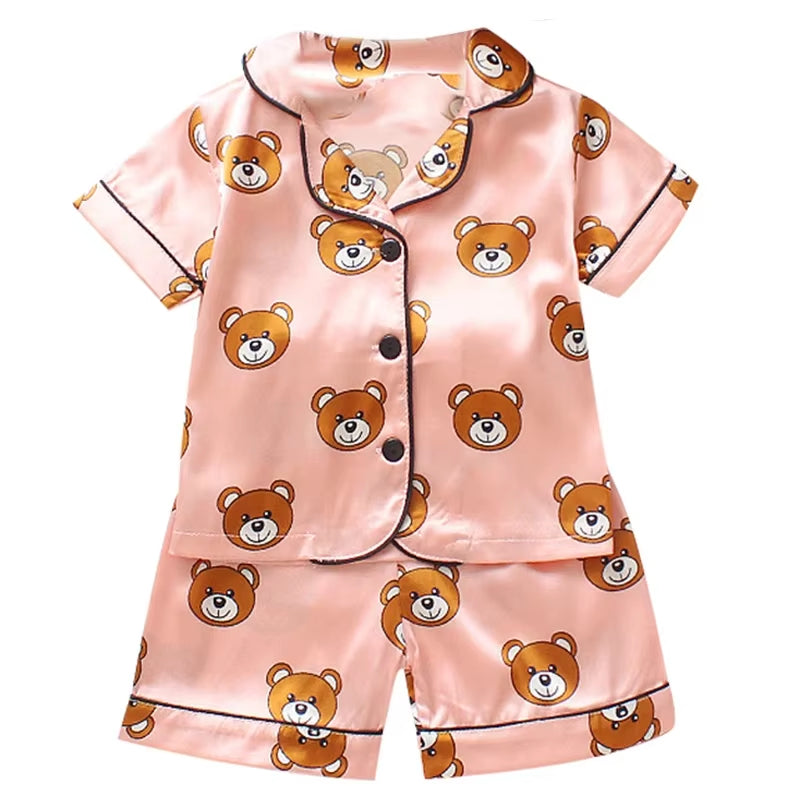 Home Wear Long Sleeve Baby Suit Kids Clothes Toddler Boys Girls Ice Silk Satin Cartoon Little Bear Tops Pants Set for Children'S