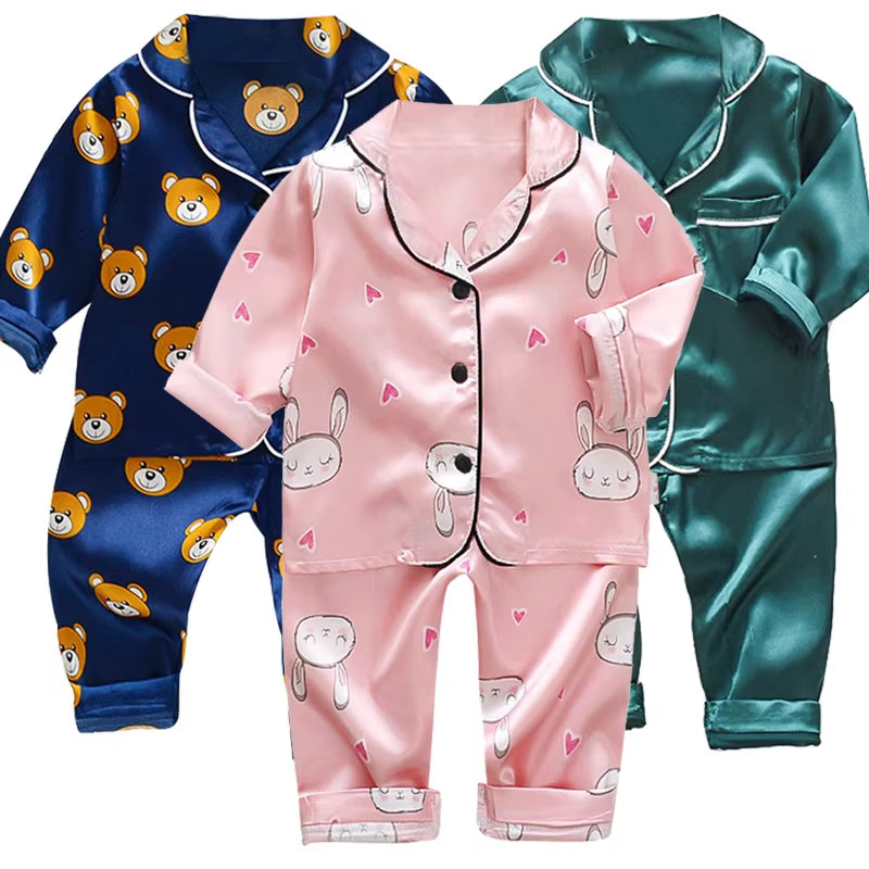 Home Wear Long Sleeve Baby Suit Kids Clothes Toddler Boys Girls Ice Silk Satin Cartoon Little Bear Tops Pants Set for Children'S